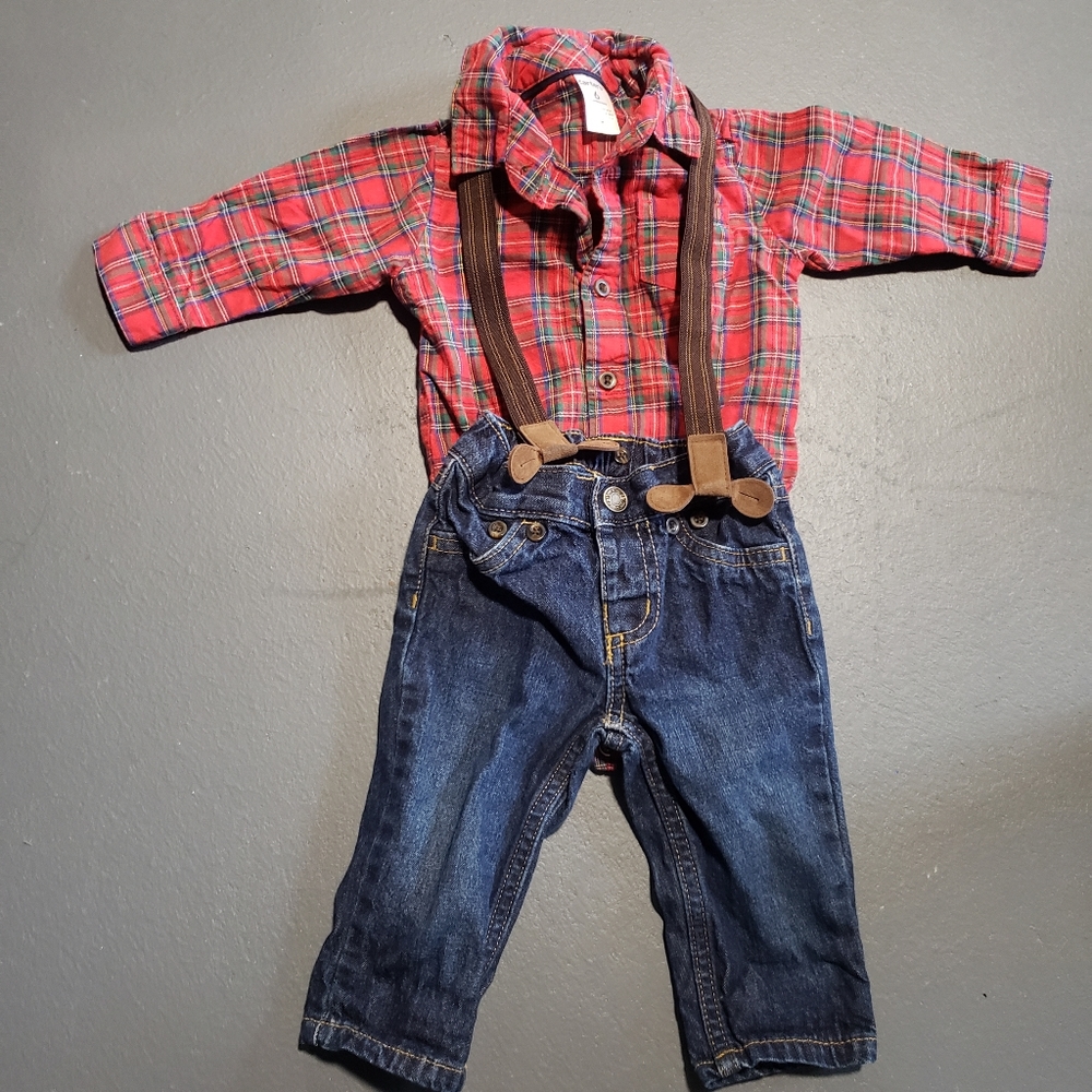 Red Plaid Suspenders Jeans 6mo Christmas outfit